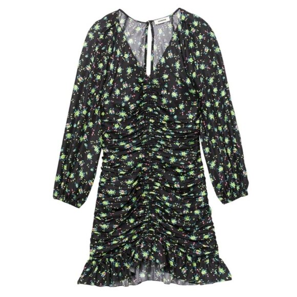 Sandro Ruched Mini Novalee V Neck Floral Dress Size 34 XS NWT Slim Fit MSRP $415 - Picture 8 of 9